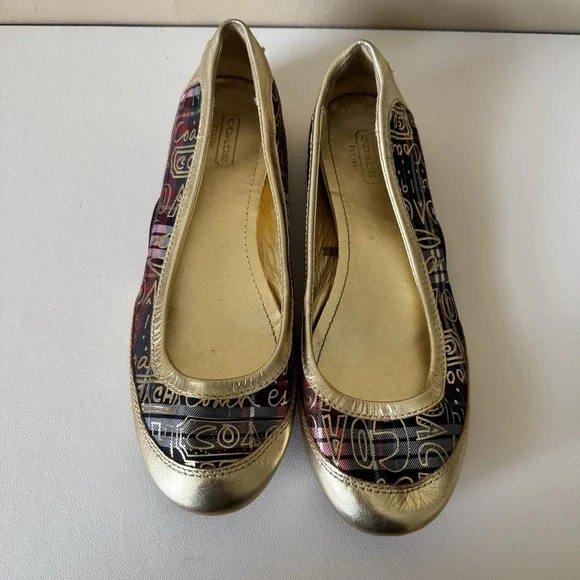 COACH Ballet Flats Gold Tartan Plaid True Graffiti Logo Shoes Slip On Sz 7.5 Y2K - Picture 2 of 8